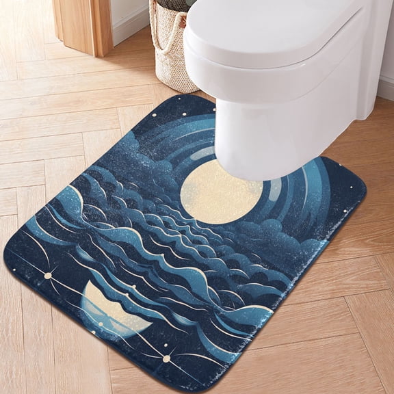 Toilet Rug U-Shaped Bathroom Rugs Non-Slip Soft Plush Machine Washable Contour Bath Mat Moon and Wave 24x20