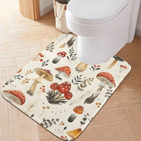 Toilet Rug U-Shaped Bathroom Rugs Non-Slip Soft Plush Machine Washable Contour Bath Mat Mushroom Fallen Leaves 24x20