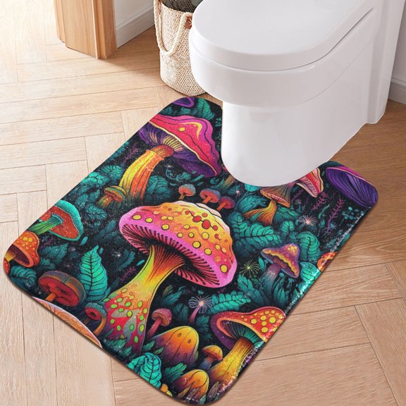 Toilet Rug U-Shaped Bathroom Rugs Non-Slip Soft Plush Machine Washable Contour Bath Mat Mushroom and Leaves 24x20