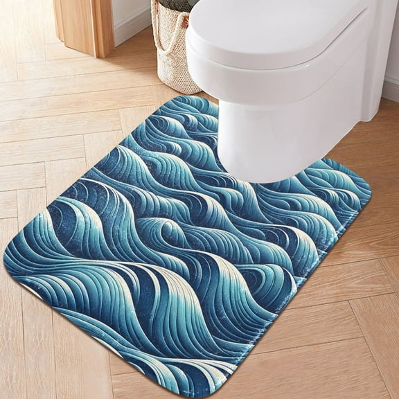 Toilet Rug U-Shaped Bathroom Rugs Non-Slip Soft Plush Machine Washable Contour Bath Mat Ocean Wave 24x20