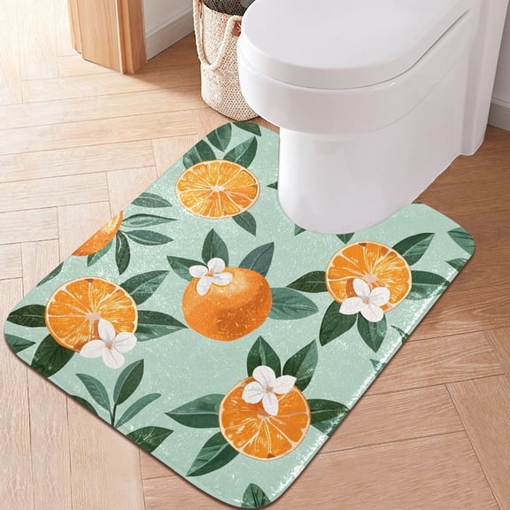 Toilet Rug U-Shaped Bathroom Rugs Non-Slip Soft Plush Machine Washable Contour Bath Mat Orange with Flower 24x20