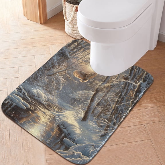 Toilet Rug U-Shaped Bathroom Rugs Non-Slip Soft Plush Machine Washable Contour Bath Mat Owl Fly in Winter Forest 24x20