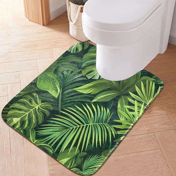 Toilet Rug U-Shaped Bathroom Rugs Non-Slip Soft Plush Machine Washable Contour Bath Mat Palm Leaves 24x20