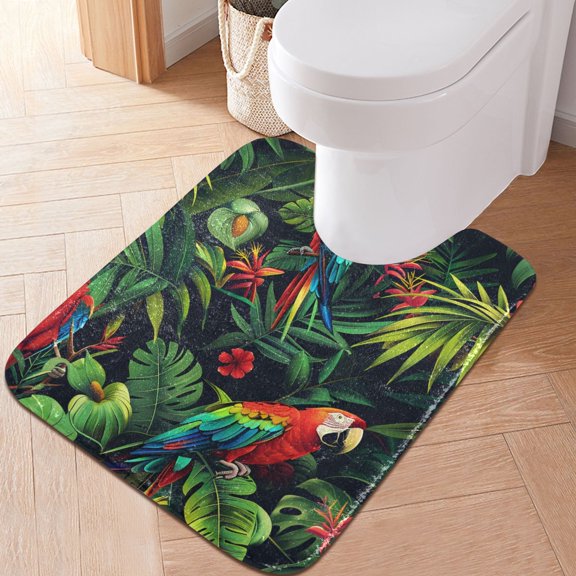 Toilet Rug U-Shaped Bathroom Rugs Non-Slip Soft Plush Machine Washable Contour Bath Mat Parrot Birds in Jungle 24x20