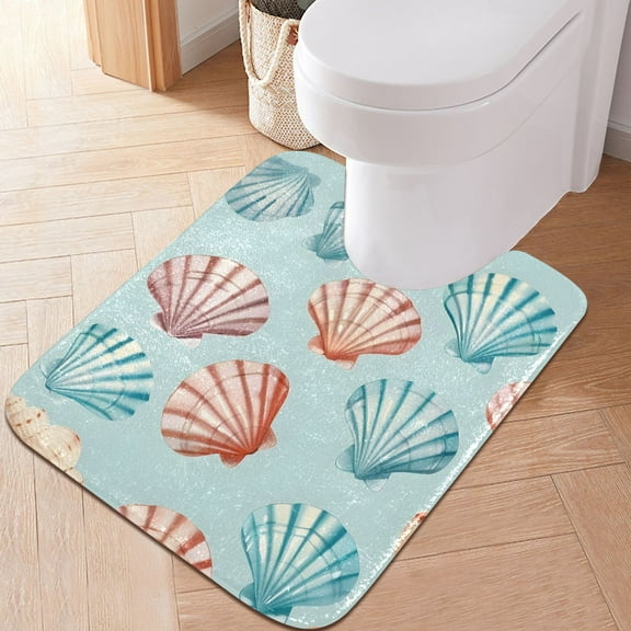 Toilet Rug U-Shaped Bathroom Rugs Non-Slip Soft Plush Machine Washable Contour Bath Mat Pastel Colors Shells 24x20