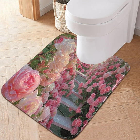 Toilet Rug U-Shaped Bathroom Rugs Non-Slip Soft Plush Machine Washable Contour Bath Mat Path in Rose Flower 24x20