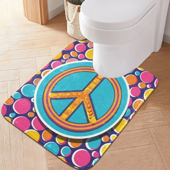Toilet Rug U-Shaped Bathroom Rugs Non-Slip Soft Plush Machine Washable Contour Bath Mat Peace Love Sign 24x20