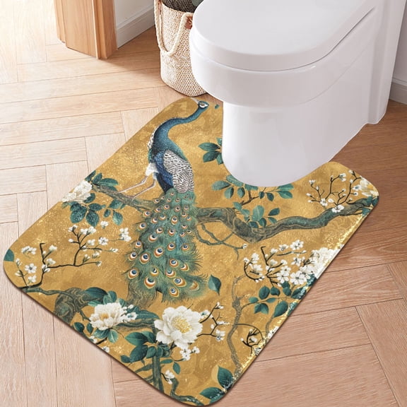 Toilet Rug U-Shaped Bathroom Rugs Non-Slip Soft Plush Machine Washable Contour Bath Mat Peacock and Flower 24x20