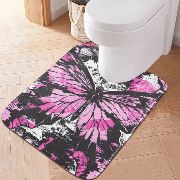 Toilet Rug U-Shaped Bathroom Rugs Non-Slip Soft Plush Machine Washable Contour Bath Mat Pink Butterfly 24x20
