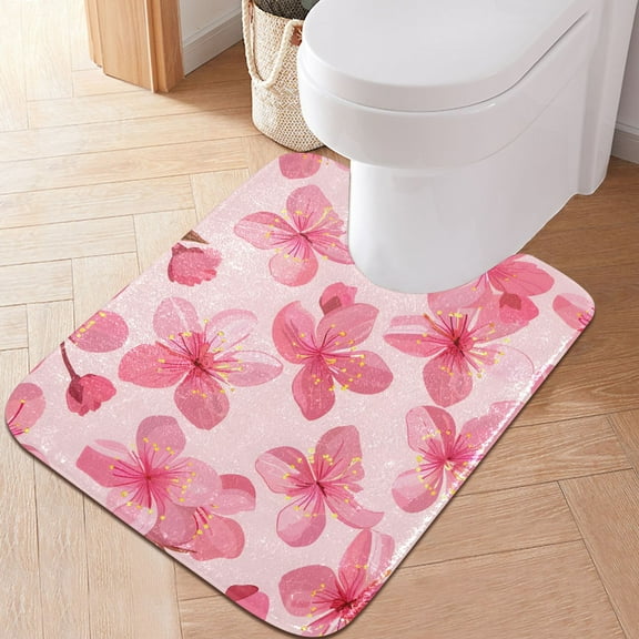 Toilet Rug U-Shaped Bathroom Rugs Non-Slip Soft Plush Machine Washable Contour Bath Mat Pink Cherry Blossoms 24x20