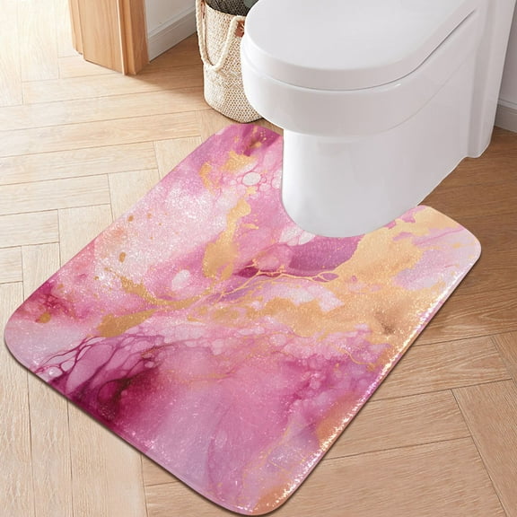 Toilet Rug U-Shaped Bathroom Rugs Non-Slip Soft Plush Machine Washable Contour Bath Mat Pink Gold Marble 24x20
