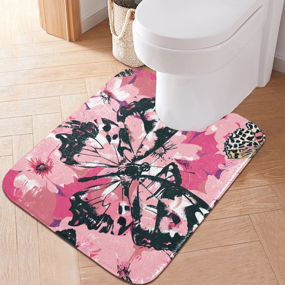 Toilet Rug U-Shaped Bathroom Rugs Non-Slip Soft Plush Machine Washable Contour Bath Mat Pink Leopard Butterfly 24x20