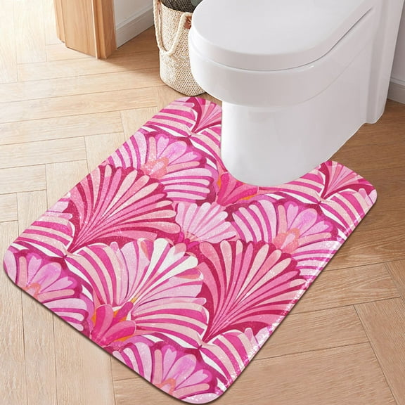 Toilet Rug U-Shaped Bathroom Rugs Non-Slip Soft Plush Machine Washable Contour Bath Mat Pink Striped Shells 24x20