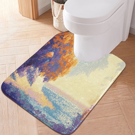 Toilet Rug U-Shaped Bathroom Rugs Non-Slip Soft Plush Machine Washable Contour Bath Mat Pixel Sea Cloud Tree 24x20