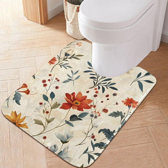 Toilet Rug U-Shaped Bathroom Rugs Non-Slip Soft Plush Machine Washable Contour Bath Mat Pretty Flowers and Leaf 24x20