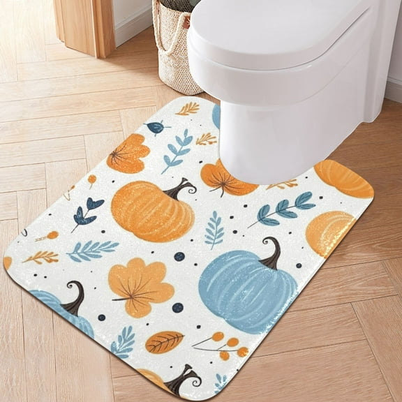 Toilet Rug U-Shaped Bathroom Rugs Non-Slip Soft Plush Machine Washable Contour Bath Mat Pumpkin and Leaf 24x20