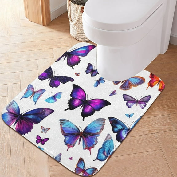 Toilet Rug U-Shaped Bathroom Rugs Non-Slip Soft Plush Machine Washable Contour Bath Mat Purple Blue Butterflies 24x20