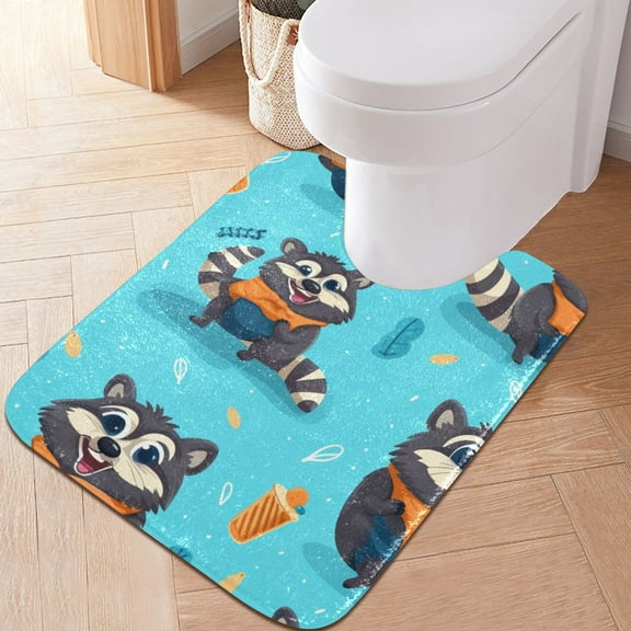 Toilet Rug U-Shaped Bathroom Rugs Non-Slip Soft Plush Machine Washable Contour Bath Mat Raccoon with Scarf 24x20