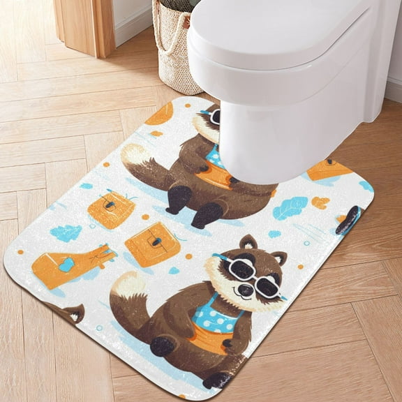 Toilet Rug U-Shaped Bathroom Rugs Non-Slip Soft Plush Machine Washable Contour Bath Mat Raccoon with Sunglasses 24x20