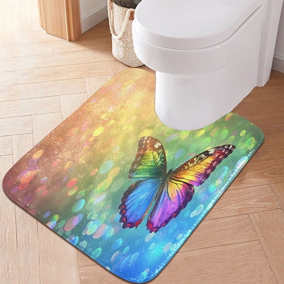 Toilet Rug U-Shaped Bathroom Rugs Non-Slip Soft Plush Machine Washable Contour Bath Mat Rainbow Butterfly Flying 24x20