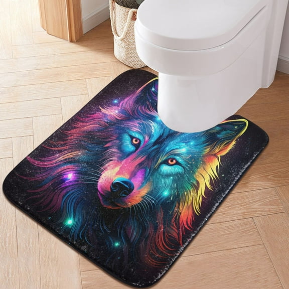 Toilet Rug U-Shaped Bathroom Rugs Non-Slip Soft Plush Machine Washable Contour Bath Mat Rainbow Color Wolf 24x20
