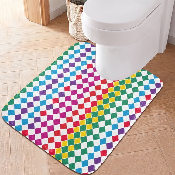 Toilet Rug U-Shaped Bathroom Rugs Non-Slip Soft Plush Machine Washable Contour Bath Mat Rainbow Harlequin Squares 24x20