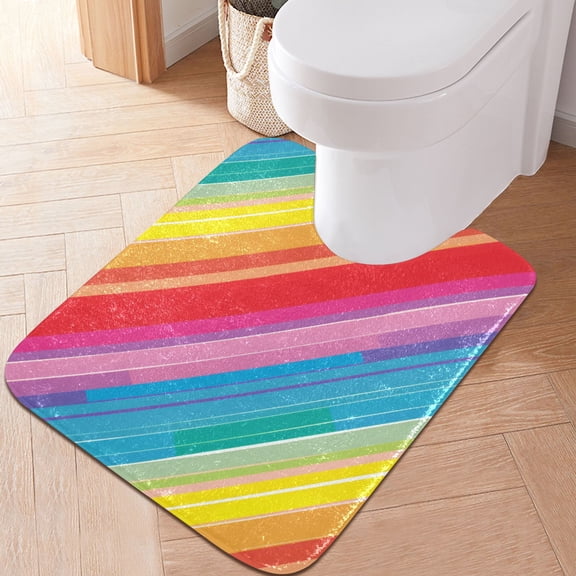 Toilet Rug U-Shaped Bathroom Rugs Non-Slip Soft Plush Machine Washable Contour Bath Mat Rainbow Lines 24x20