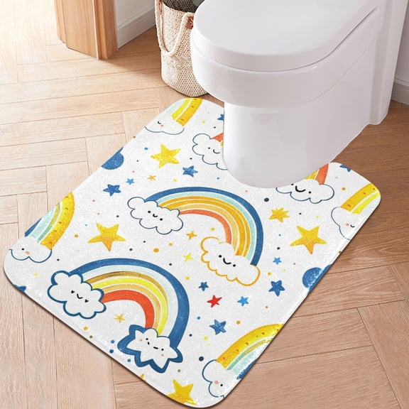 Toilet Rug U-Shaped Bathroom Rugs Non-Slip Soft Plush Machine Washable Contour Bath Mat Rainbows on Cloud 24x20