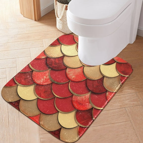 Toilet Rug U-Shaped Bathroom Rugs Non-Slip Soft Plush Machine Washable Contour Bath Mat Red Gold Scales 24x20