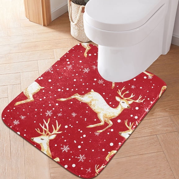 Toilet Rug U-Shaped Bathroom Rugs Non-Slip Soft Plush Machine Washable Contour Bath Mat Reindeer and Snow 24x20