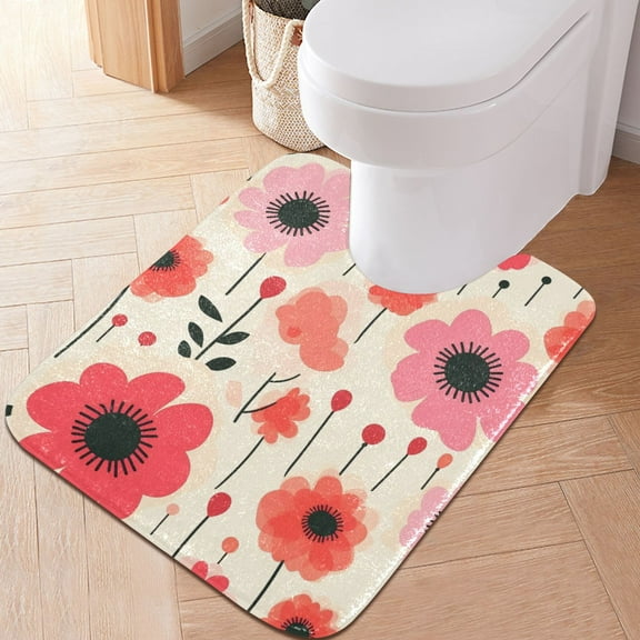 Toilet Rug U-Shaped Bathroom Rugs Non-Slip Soft Plush Machine Washable Contour Bath Mat Retro Flowers Florid 24x20