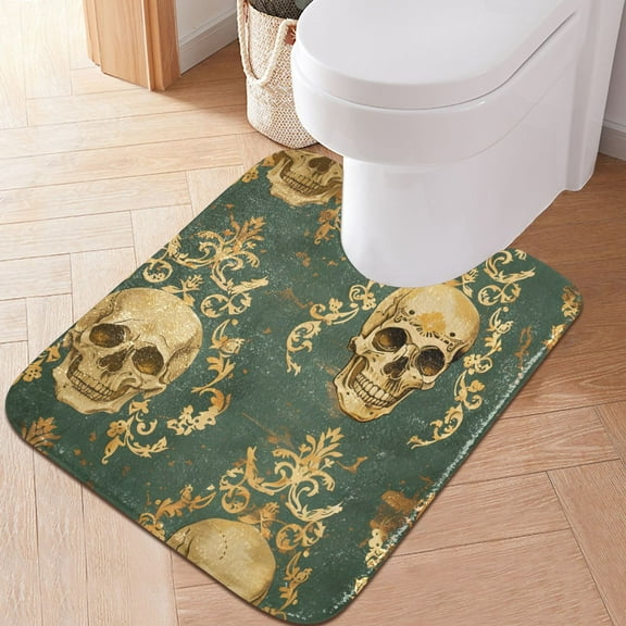 Toilet Rug U-Shaped Bathroom Rugs Non-Slip Soft Plush Machine Washable Contour Bath Mat Retro Golden Skull 24x20
