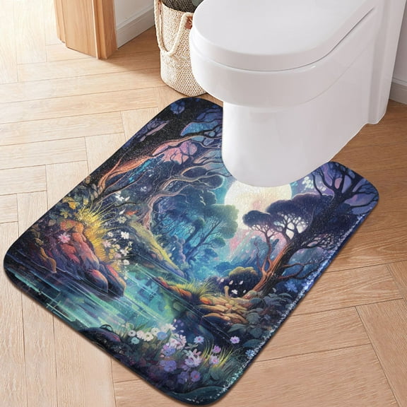 Toilet Rug U-Shaped Bathroom Rugs Non-Slip Soft Plush Machine Washable Contour Bath Mat River Through Forest 24x20