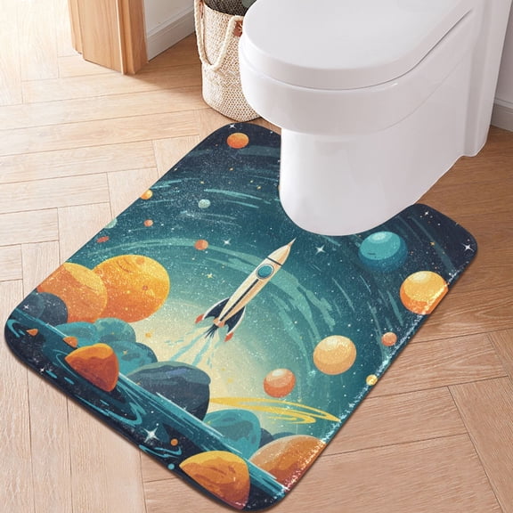Toilet Rug U-Shaped Bathroom Rugs Non-Slip Soft Plush Machine Washable Contour Bath Mat Rocket Planets Firmament 24x20