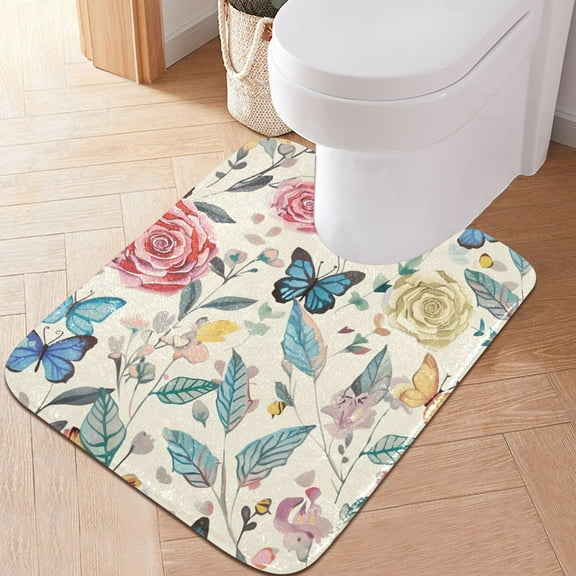 Toilet Rug U-Shaped Bathroom Rugs Non-Slip Soft Plush Machine Washable Contour Bath Mat Rose Leaf Butterfly 24x20
