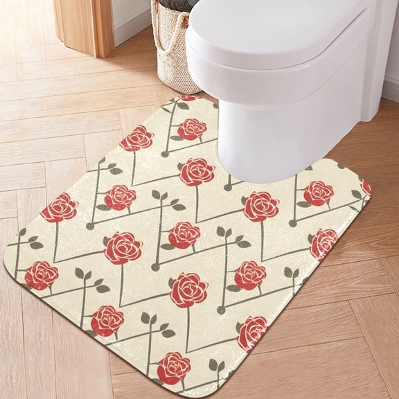 Toilet Rug U-Shaped Bathroom Rugs Non-Slip Soft Plush Machine Washable Contour Bath Mat Rose and Line 24x20