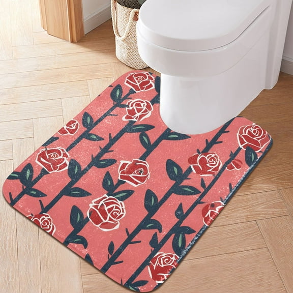 Toilet Rug U-Shaped Bathroom Rugs Non-Slip Soft Plush Machine Washable Contour Bath Mat Rose on Stems 24x20