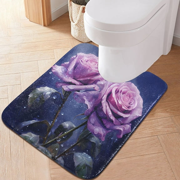 Toilet Rug U-Shaped Bathroom Rugs Non-Slip Soft Plush Machine Washable Contour Bath Mat Rose with Dewdrops 24x20