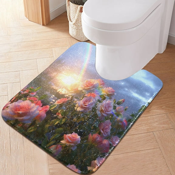 Toilet Rug U-Shaped Bathroom Rugs Non-Slip Soft Plush Machine Washable Contour Bath Mat Rose with Rainbow 24x20