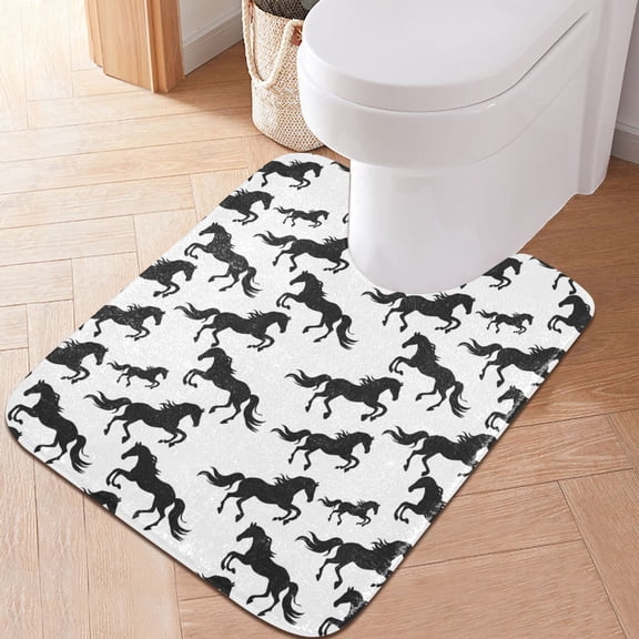 Toilet Rug U-Shaped Bathroom Rugs Non-Slip Soft Plush Machine Washable Contour Bath Mat Running Horses Silhouette 24x20
