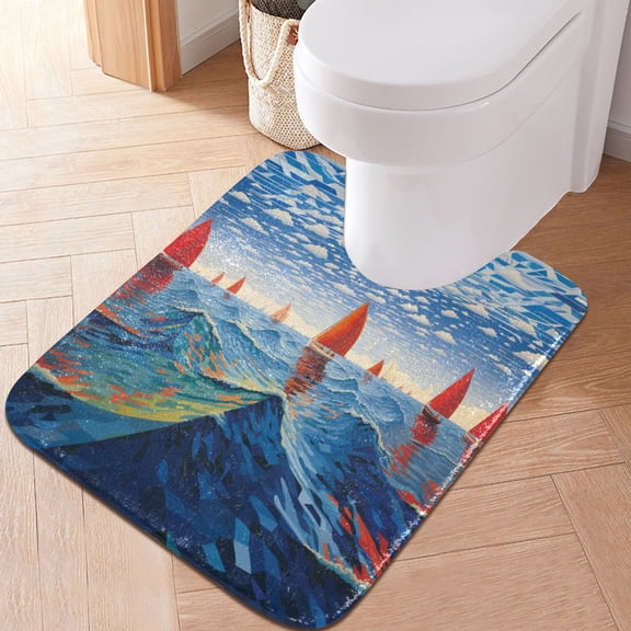 Toilet Rug U-Shaped Bathroom Rugs Non-Slip Soft Plush Machine Washable Contour Bath Mat Sailboats on Sea 24x20