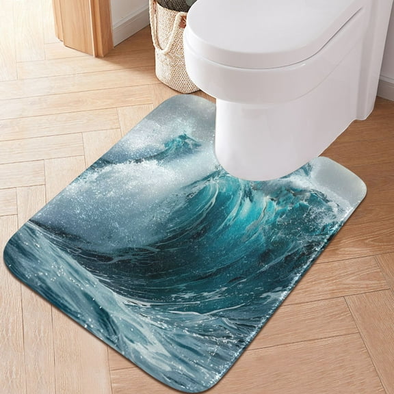 Toilet Rug U-Shaped Bathroom Rugs Non-Slip Soft Plush Machine Washable Contour Bath Mat Sea Wave 24x20