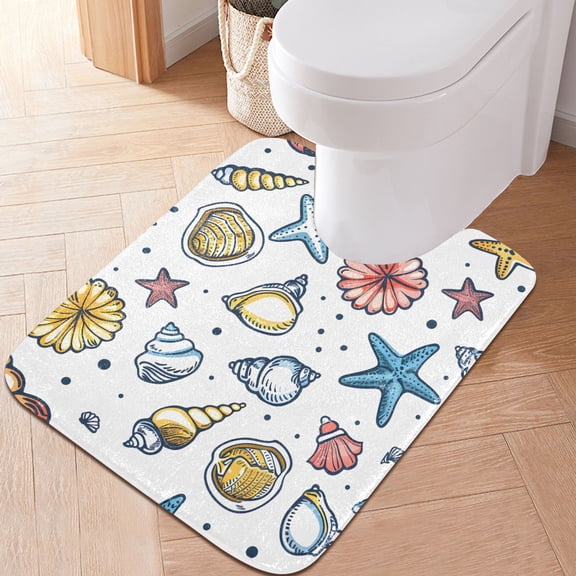 Toilet Rug U-Shaped Bathroom Rugs Non-Slip Soft Plush Machine Washable Contour Bath Mat Seashells and Coral 24x20