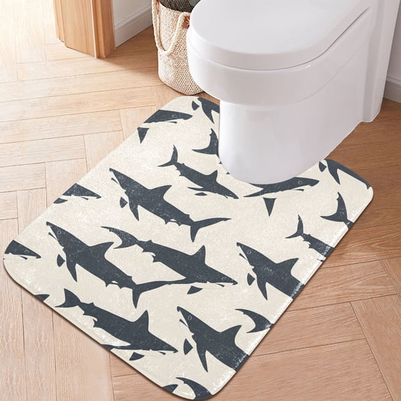 Toilet Rug U-Shaped Bathroom Rugs Non-Slip Soft Plush Machine Washable Contour Bath Mat Shark Silhouettes 24x20