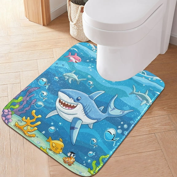 Toilet Rug U-Shaped Bathroom Rugs Non-Slip Soft Plush Machine Washable Contour Bath Mat Shark in Ocean 24x20