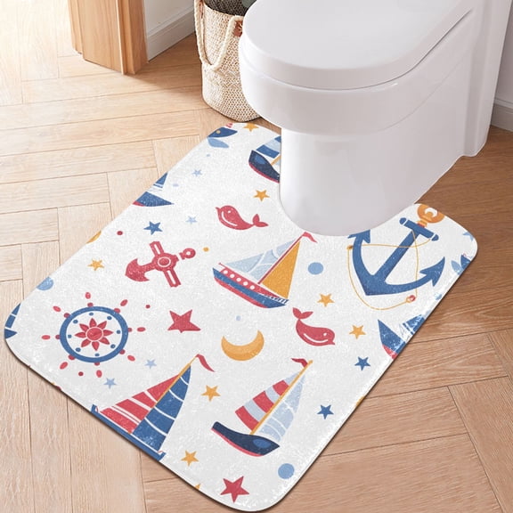 Toilet Rug U-Shaped Bathroom Rugs Non-Slip Soft Plush Machine Washable Contour Bath Mat Ship Anchor Wheel 24x20