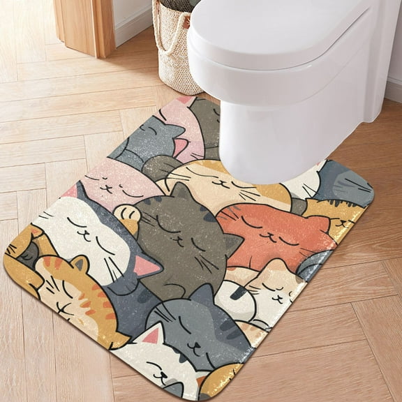 Toilet Rug U-Shaped Bathroom Rugs Non-Slip Soft Plush Machine Washable Contour Bath Mat Sleeping Cats Face 24x20