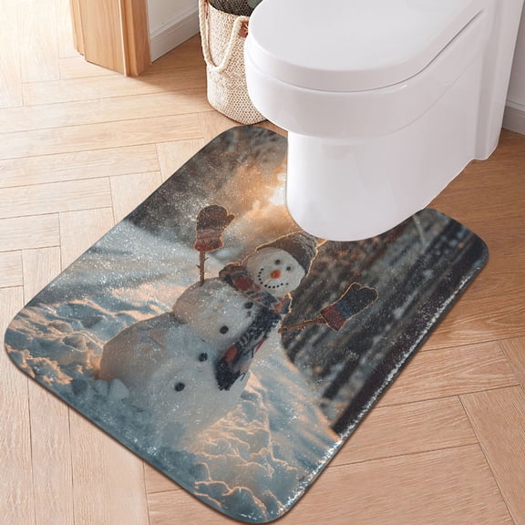 Toilet Rug U-Shaped Bathroom Rugs Non-Slip Soft Plush Machine Washable Contour Bath Mat Snowman in Winter 24x20