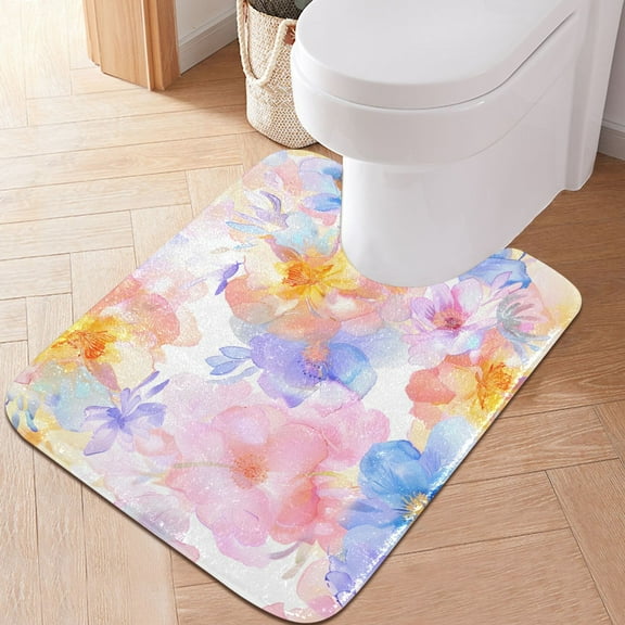 Toilet Rug U-Shaped Bathroom Rugs Non-Slip Soft Plush Machine Washable Contour Bath Mat Soft Watercolor Flower 24x20