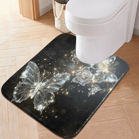 Toilet Rug U-Shaped Bathroom Rugs Non-Slip Soft Plush Machine Washable Contour Bath Mat Sparkle Butterflies Flying 24x20